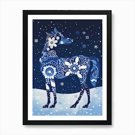 Blue Horse In The Snow Art Print