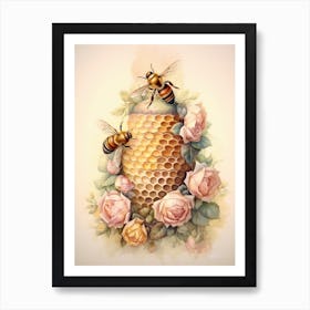 Beehive With Rose Watercolour Illustration 2 Art Print