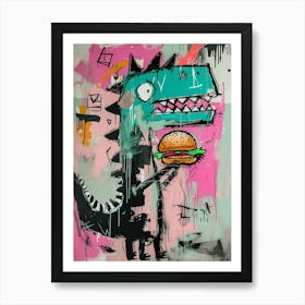 Dinosaur Eating A Hamburger Pink Blue Graffiti Style 3 Art Print