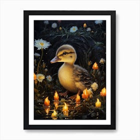Duckling At Night With Fireflies 1 Art Print