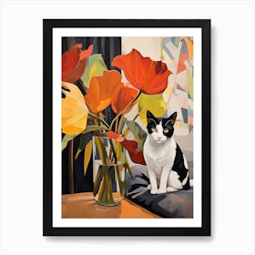 Calla Lily Flower Vase And A Cat, A Painting In The Style Of Matisse 2 Art Print