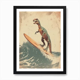 Vintage Deinonychus Dinosaur On A Surf Board   2 Art Print