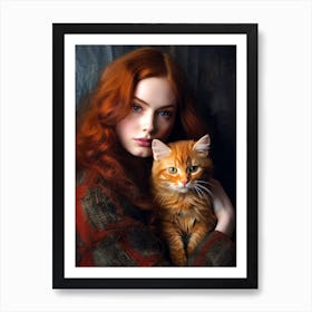 Red Haired Girl With Cat Art Print