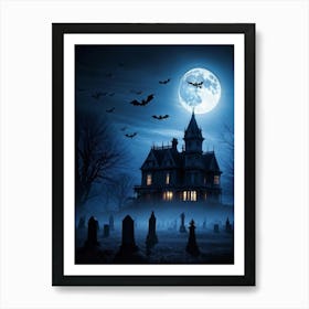 Frightened Souls Hovering Over A Victorian Mansion On A Dark Halloween Night Silhouetted Against A (5) Art Print