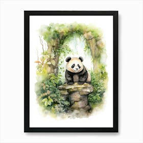 Panda Art Birdwatching Watercolour 4 Art Print