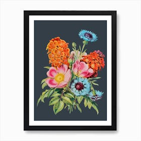 Vintage Flowers Floral Illustration Grey Art Print