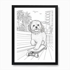 Shih Tzu Dog Skateboarding Line Art 1 Art Print