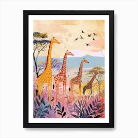 Giraffe In The Wild With Other Animals Watercolour Style 1 Art Print