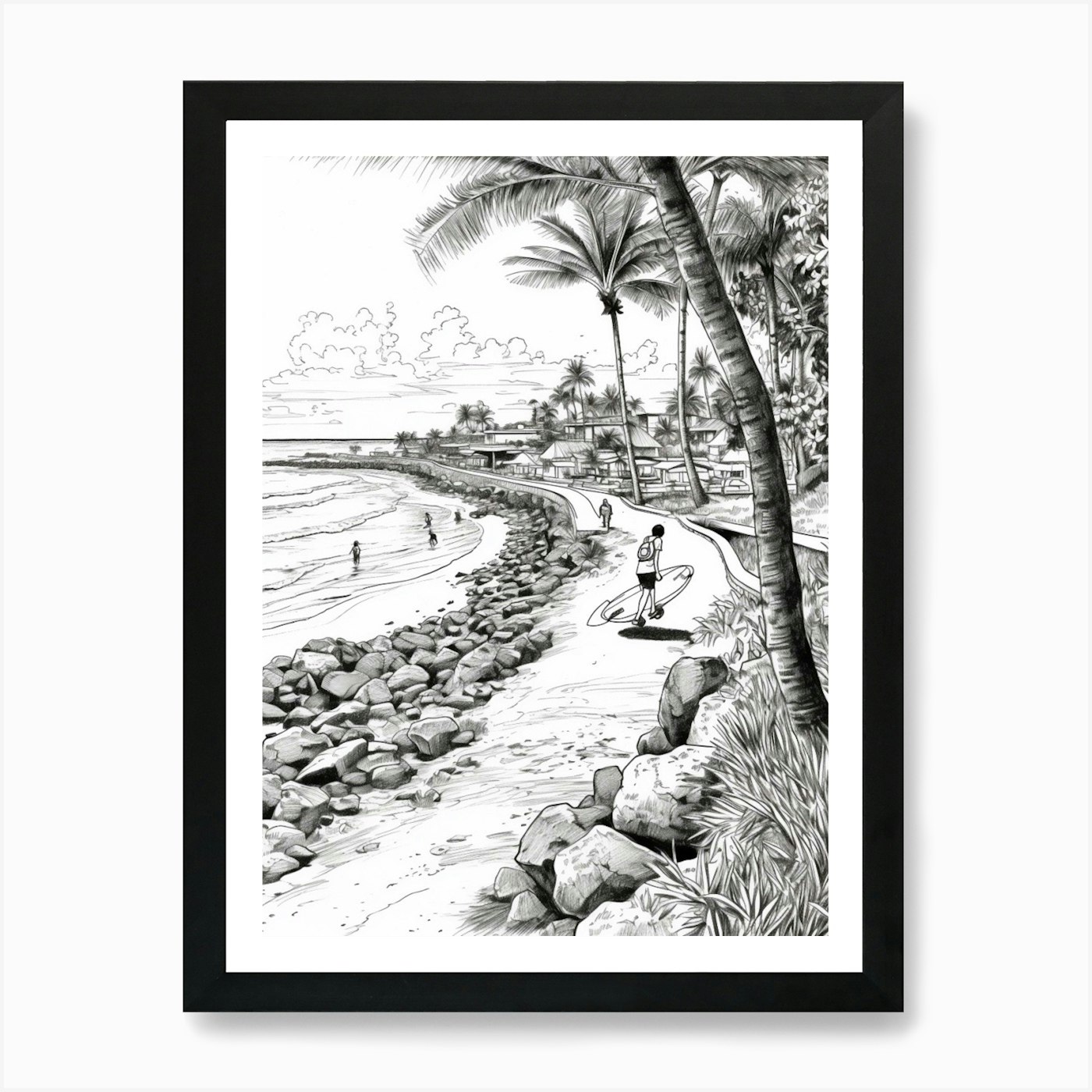 Vista de Oahu Hawaii, Estados Unidos Línea Arte B Enmarcado Arte de Pared Póster Lienzo Impresión Cuadro - Imagen 2 de 4