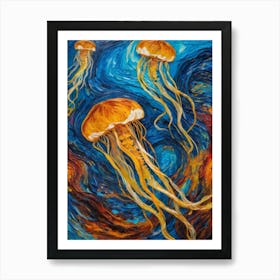 Yellow Jellyfish In Blue Ocean Art Print