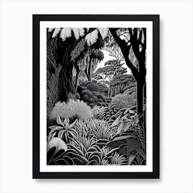 Geelong Botanic Gardens, Australia Linocut Black And White Vintage Art Print