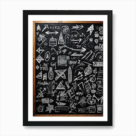 Blackboard Covered In A Collage Of Hand Drawn Icons Arrows And Abstract Doodles Symbolizing Direc (4) Art Print