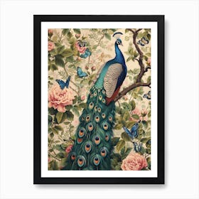 Pastel Peacock With Butterflies Vintage Wallpaper 4 Art Print