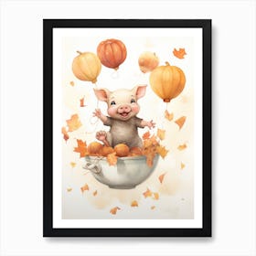 Tea Cup Pig Flying With Autumn Fall Pumpkins And Balloons Watercolour Nursery 3 Art Print