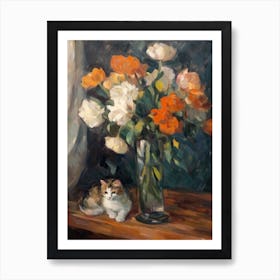 Flower Vase Lisianthus With A Cat 1 Impressionism, Cezanne Style Art Print