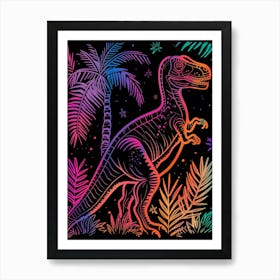 Neon Dinosaur With The Palm Trees At Night Art Print