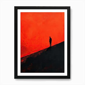 Man On A Hill, Black and Red Minimalism Art Print