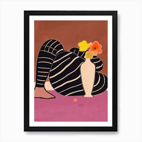 Woman Chilling On The Floor With Flowers Art Print