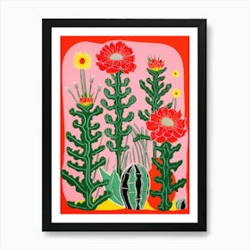 Pink And Red Plant Illustration Pencil Cactus 2 Art Print