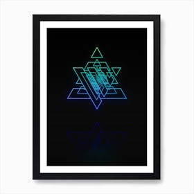 Neon Blue and Green Abstract Geometric Glyph on Black n.0389 Art Print