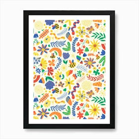 Wild Grass Adventures Happy Bugs in a Field Orange, Yellow, Green, Blue, Red Kids Art Print