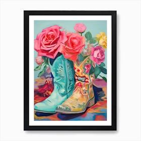 Oil Painting Of Roses Flowers And Cowboy Boots, Oil Style 1 Art Print