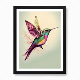 Berylline Hummingbird Retro Drawing Art Print