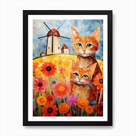 Two Wide Eyed Cats In A Floral Field With A Medieval Windmill Art Print