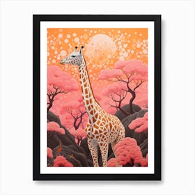 Giraffe In The Nature With Trees Pink 6 Art Print