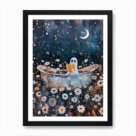 Cute Ghost Reading in the Bath Under the Moon and Stars Botanical Bathroom Art | Spooky Beautiful Funny Print Painting Lovely Artwork in HD Art Print