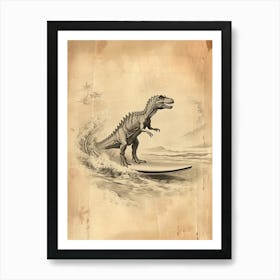 Vintage Spinosaurus Dinosaur On A Surf Board 1 Art Print