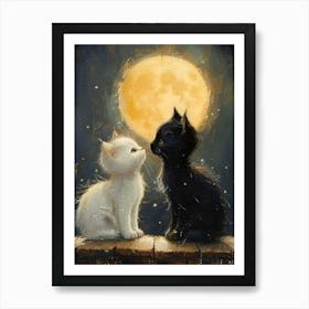 Two Kittens Kissing In The Moonlight Art Print