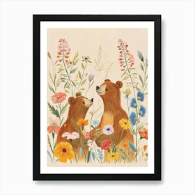 Folksy Floral Animal Drawing Brown Bear 3 Art Print