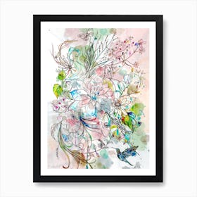 Flowers And Hummingbird Art Print