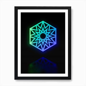 Neon Blue and Green Abstract Geometric Glyph on Black n.0401 Art Print