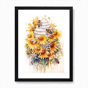 Beehive With Daisies Watercolour Illustration 4 Art Print