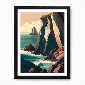 Coastal Cliffs And Rocky Shores Waterscape Retro Illustration 1 Art Print