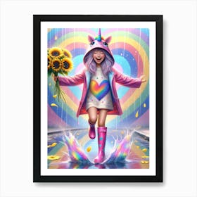 happy young girl, colorful rainbows and sunflowers Art Print