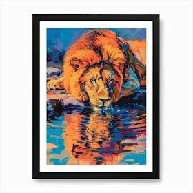 Masai Lion Drinking From A Watering Hole Fauvist Painting 2 Art Print