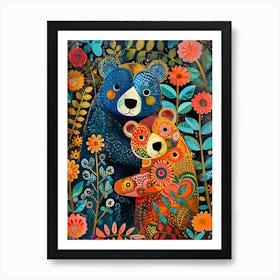 Colourful Floral Folky Bears 2 Art Print