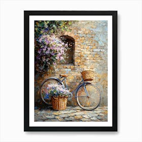 Vintage Bicycle With Flowers By Brick Wall – Rustic Cottagecore Art Print Art Print