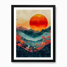 Vibrant Sunset over Mountain Landscape with Blooming Red Flowers – Nature Inspired Wall Art Art Print