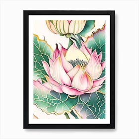 Lotus Flower Repeat Pattern Watercolour Ink Pencil 3 Art Print