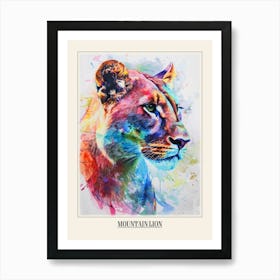 Mountain Lion Colourful Watercolour 3 Poster Art Print