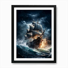 Pirate Ship In Stormy Sea Art Print