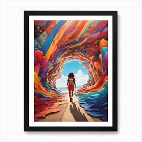Girl Walking Through A Colorful Tunnel 1 Art Print