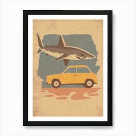 Shark Swimming By A Car Storybook Style Art Print