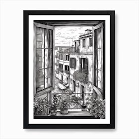 A Window View Of Venice In The Style Of Black And White  Line Art 1 Art Print