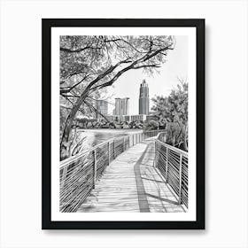 Lady Bird Lake And The Boardwalk Austin Texas Black And White Drawing 3 Art Print