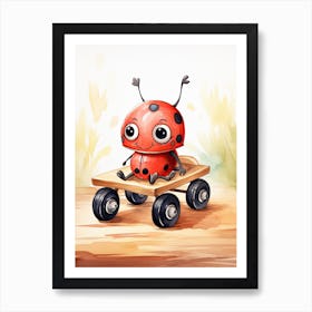 Baby Ladybug On A Toy Car, Watercolour Nursery 3 Art Print